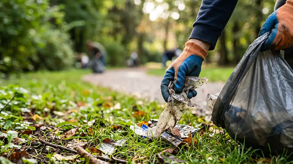 hand mit handschuh greift müll in einer graslandschaft
